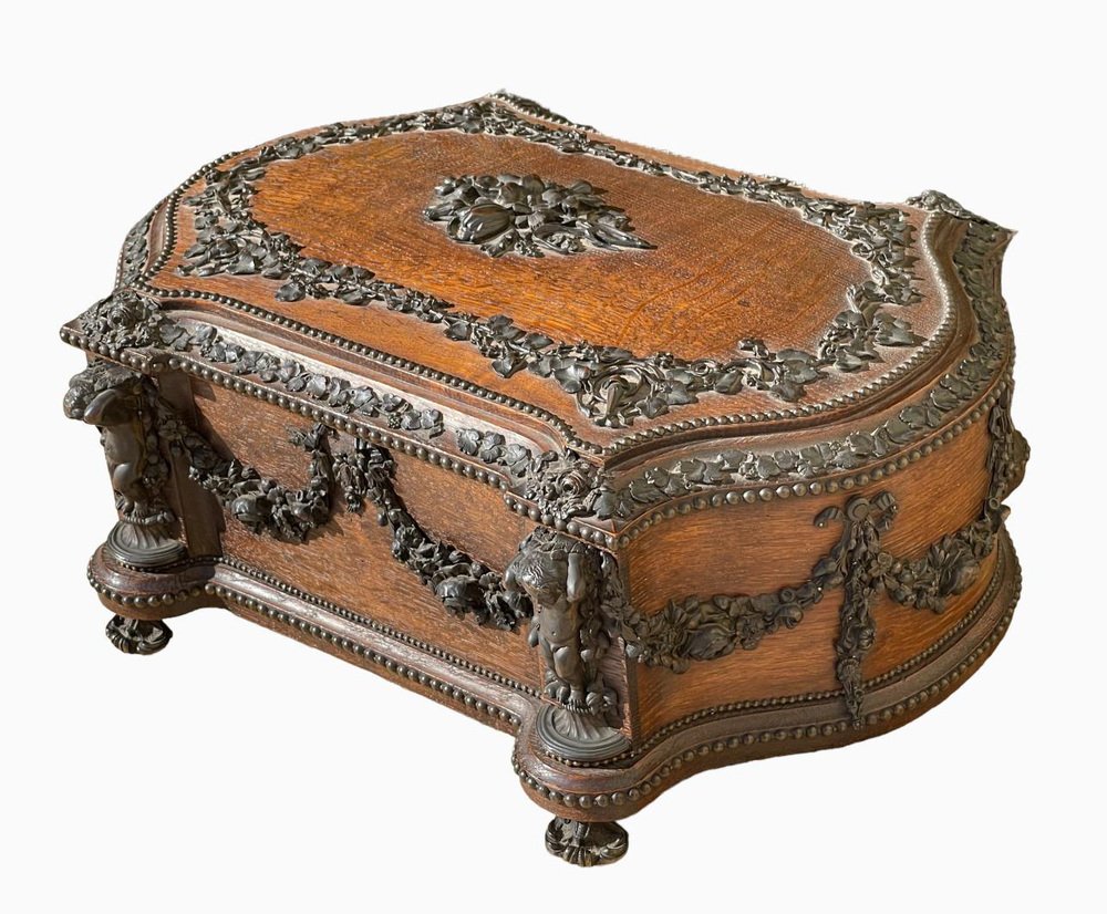 Large Carved Wooden Box with Bronze Garlands from Maison Tahan