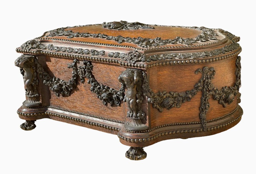 Large Carved Wooden Box with Bronze Garlands from Maison Tahan