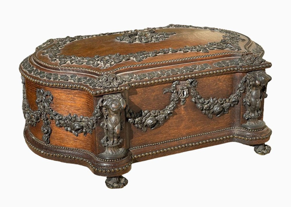 Large Carved Wooden Box with Bronze Garlands from Maison Tahan