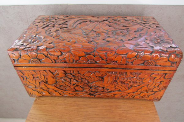 Large Carved Wooden Box with Floral and Bird Decor, 1930s-RDN-2028280