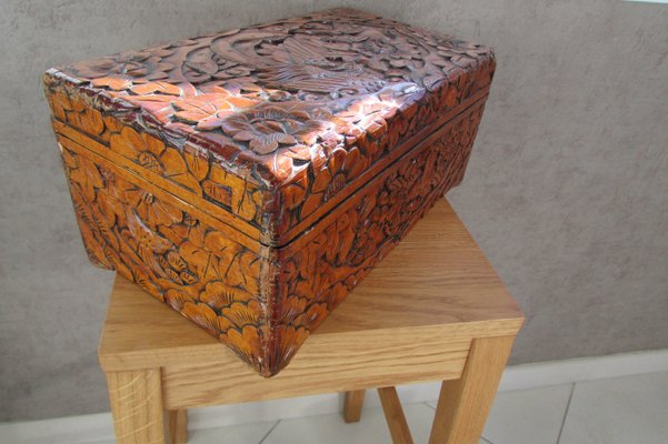 Large Carved Wooden Box with Floral and Bird Decor, 1930s-RDN-2028280