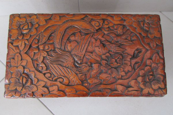 Large Carved Wooden Box with Floral and Bird Decor, 1930s-RDN-2028280