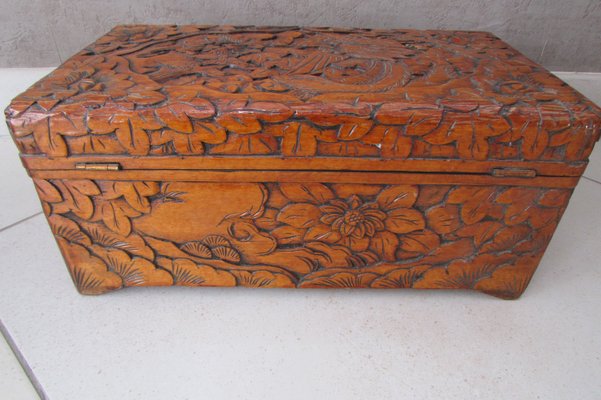 Large Carved Wooden Box with Floral and Bird Decor, 1930s-RDN-2028280