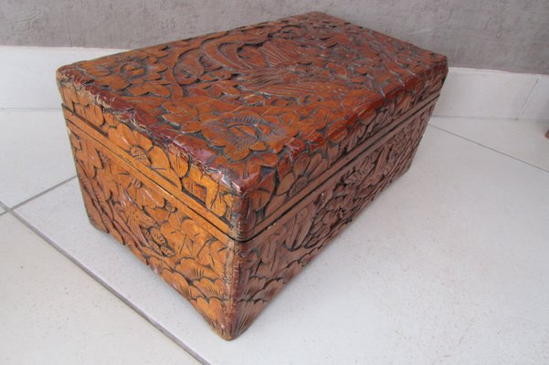 Large Carved Wooden Box with Floral and Bird Decor, 1930s-RDN-2028280