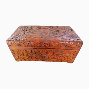 Large Carved Wooden Box with Floral and Bird Decor, 1930s-RDN-2028280