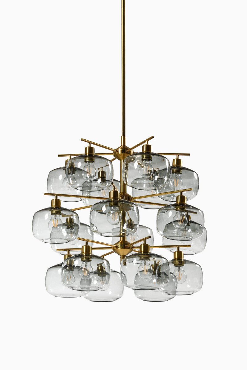 Large Ceiling Lamp in Brass and Glass attributed to Holger Johansson, 1952