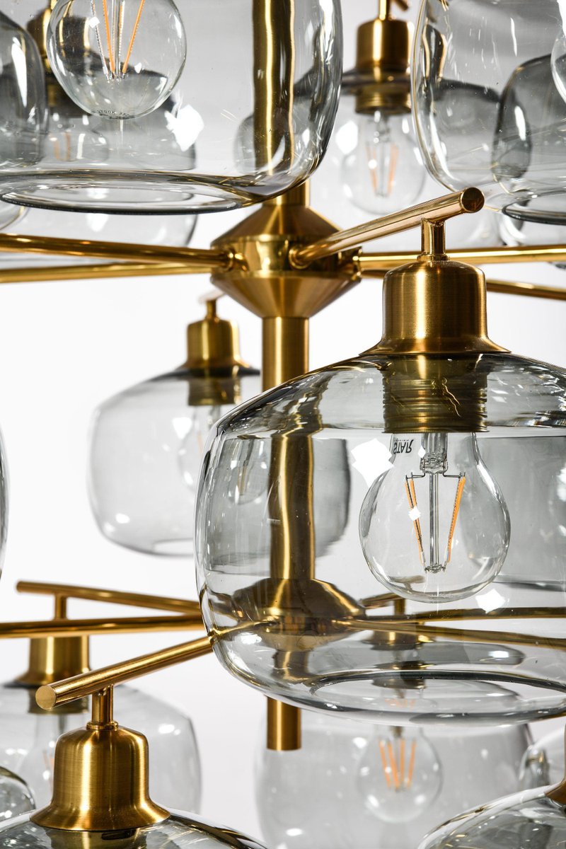 Large Ceiling Lamp in Brass and Glass attributed to Holger Johansson, 1952