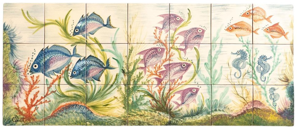 Large Ceramic Hand Painted Artwork of Fish by Diaz Costa, 1960