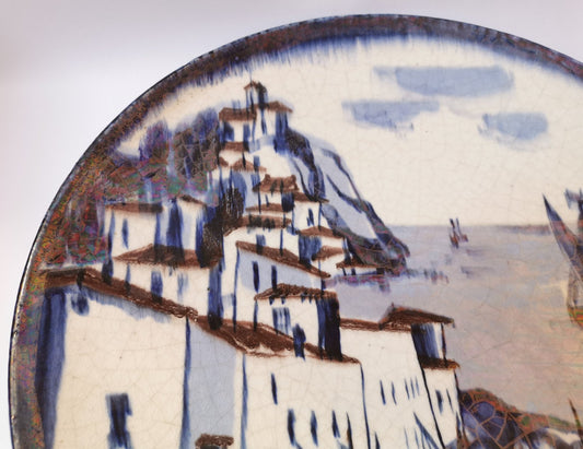 Large Ceramic Plate Depicting Boats in Harbor