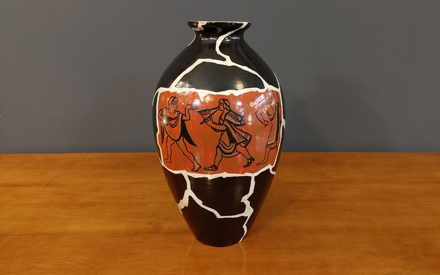 Large Ceramic Vase Enamelled in Black, White and Red Drawing by Guido Andlovitz, Laveno, 1950s-QZZ-1771839