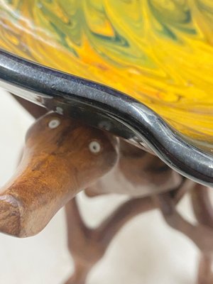 Large Ceramic Vide Poche on Tripod Base in Wood with Sculpted Birds, France, 1960s-UR-1746571