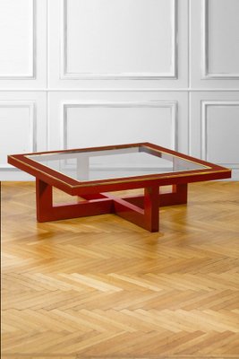 Large China Red Lacquered Low Lounge Table with Brass Details, Italy, 1970s-MNF-1752243