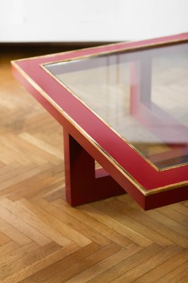 Large China Red Lacquered Low Lounge Table with Brass Details, Italy, 1970s-MNF-1752243