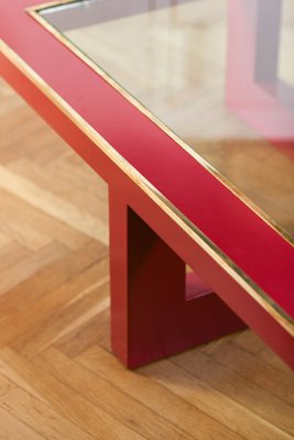 Large China Red Lacquered Low Lounge Table with Brass Details, Italy, 1970s-MNF-1752243