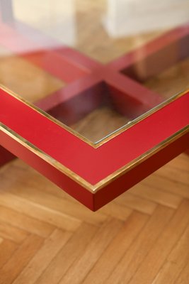 Large China Red Lacquered Low Lounge Table with Brass Details, Italy, 1970s-MNF-1752243