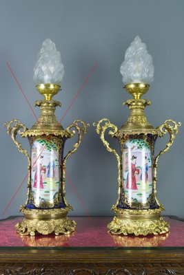 Large Chinoiserie Style French Gilt Bronze and Hand Painted Porcelain Table Lamp-KEG-1086537