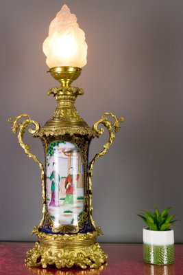 Large Chinoiserie Style French Gilt Bronze and Hand Painted Porcelain Table Lamp-KEG-1086537