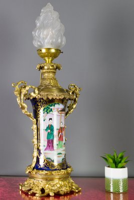 Large Chinoiserie Style French Gilt Bronze and Hand Painted Porcelain Table Lamp-KEG-1086537