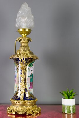 Large Chinoiserie Style French Gilt Bronze and Hand Painted Porcelain Table Lamp-KEG-1086537