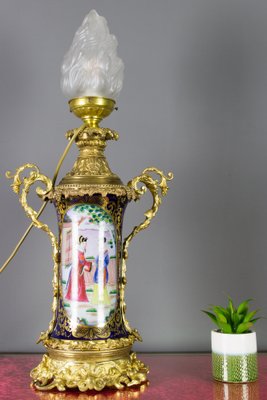 Large Chinoiserie Style French Gilt Bronze and Hand Painted Porcelain Table Lamp-KEG-1086537