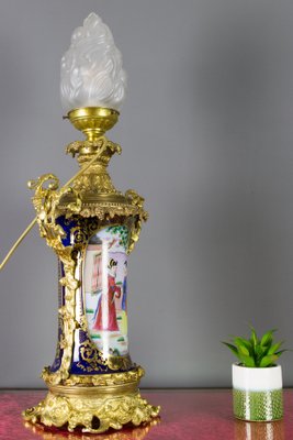 Large Chinoiserie Style French Gilt Bronze and Hand Painted Porcelain Table Lamp-KEG-1086537