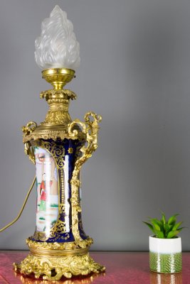 Large Chinoiserie Style French Gilt Bronze and Hand Painted Porcelain Table Lamp-KEG-1086537