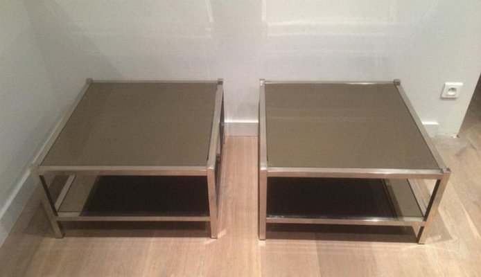 Large Chrome and Bronze Mirror Side Tables, 1970s, Set of 2-BA-658617