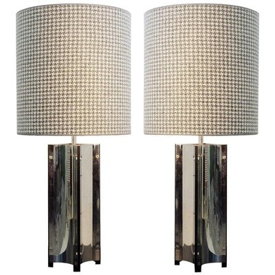 Large Chrome Table Lamps with Houndstooth Lampshades, Set of 2-FGA-922943