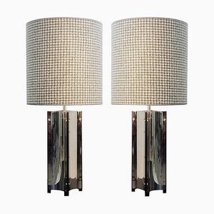 Large Chrome Table Lamps with Houndstooth Lampshades, Set of 2-FGA-922943