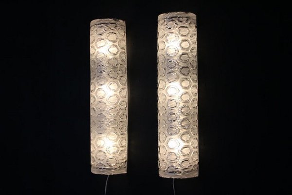 Large Clear and White Textured Murano Glass Cylinder Wall Sconces, 2000, Set of 2-YF-1421398