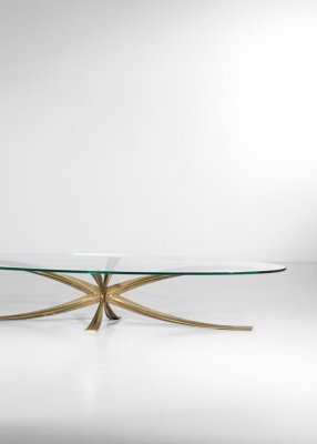 Large Coffee Table in Gilt Bronze and Oval Glass by Michel Mangematin, 1960s-YU-1173800