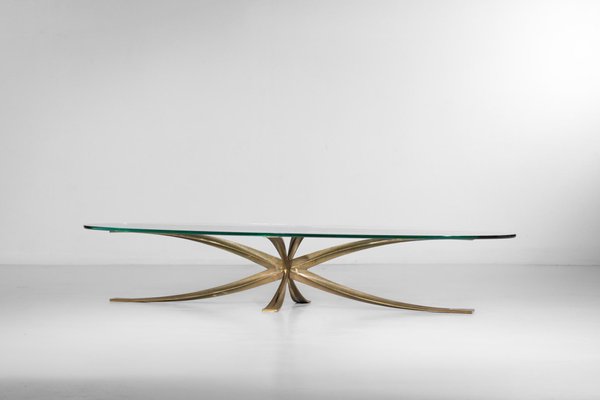 Large Coffee Table in Gilt Bronze and Oval Glass by Michel Mangematin, 1960s-YU-1173800