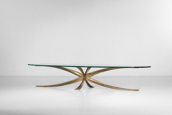 Large Coffee Table in Gilt Bronze and Oval Glass by Michel Mangematin, 1960s-YU-1173800