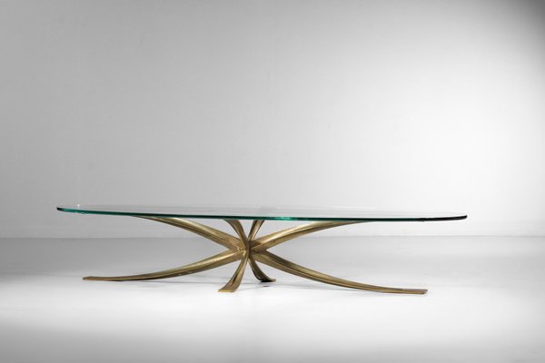 Large Coffee Table in Gilt Bronze and Oval Glass by Michel Mangematin, 1960s-YU-1173800