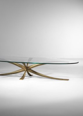 Large Coffee Table in Gilt Bronze and Oval Glass by Michel Mangematin, 1960s-YU-1173800