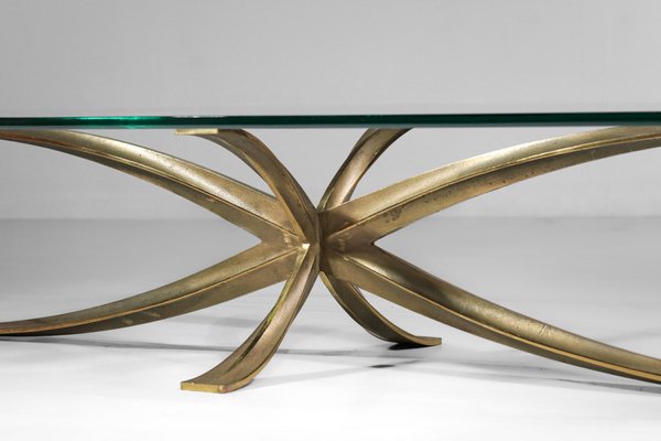 Large Coffee Table in Gilt Bronze and Oval Glass by Michel Mangematin, 1960s-YU-1173800