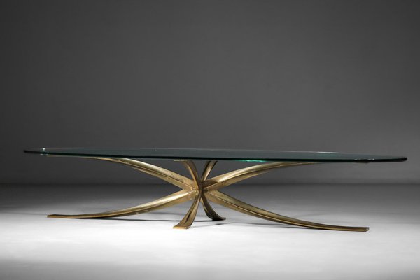 Large Coffee Table in Gilt Bronze and Oval Glass by Michel Mangematin, 1960s-YU-1173800