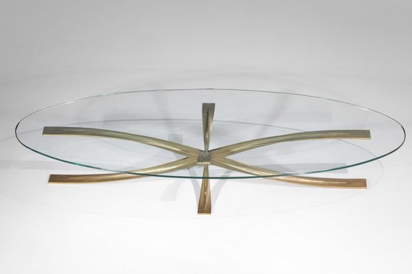 Large Coffee Table in Gilt Bronze and Oval Glass by Michel Mangematin, 1960s-YU-1173800