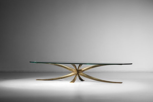 Large Coffee Table in Gilt Bronze and Oval Glass by Michel Mangematin, 1960s-YU-1173800