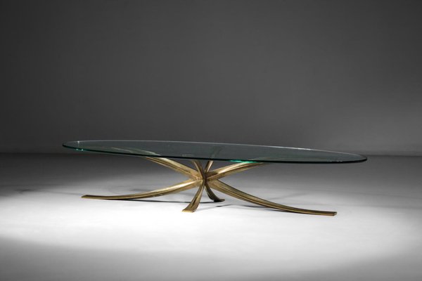 Large Coffee Table in Gilt Bronze and Oval Glass by Michel Mangematin, 1960s-YU-1173800