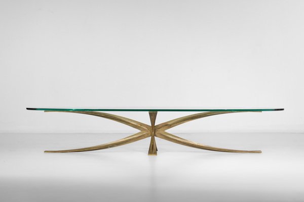 Large Coffee Table in Gilt Bronze and Oval Glass by Michel Mangematin, 1960s-YU-1173800