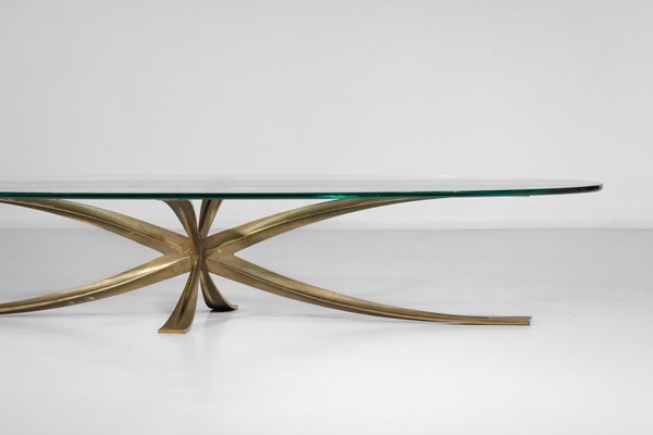 Large Coffee Table in Gilt Bronze and Oval Glass by Michel Mangematin, 1960s-YU-1173800