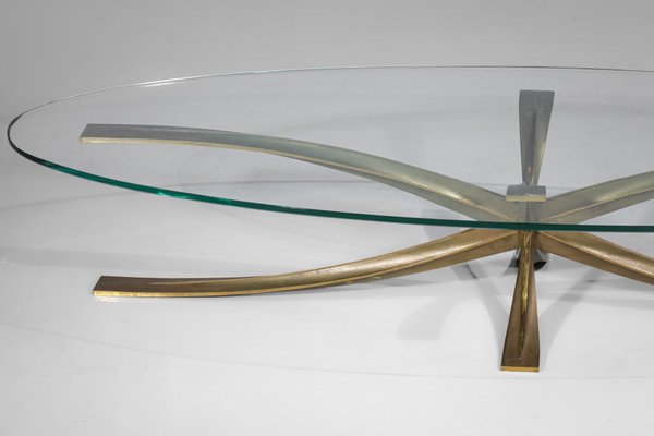 Large Coffee Table in Gilt Bronze and Oval Glass by Michel Mangematin, 1960s-YU-1173800