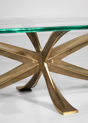 Large Coffee Table in Gilt Bronze and Oval Glass by Michel Mangematin, 1960s-YU-1173800