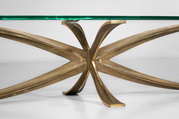 Large Coffee Table in Gilt Bronze and Oval Glass by Michel Mangematin, 1960s-YU-1173800