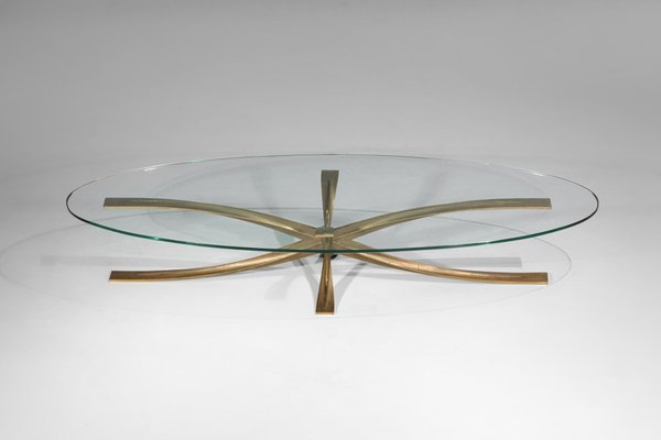 Large Coffee Table in Gilt Bronze and Oval Glass by Michel Mangematin, 1960s-YU-1173800