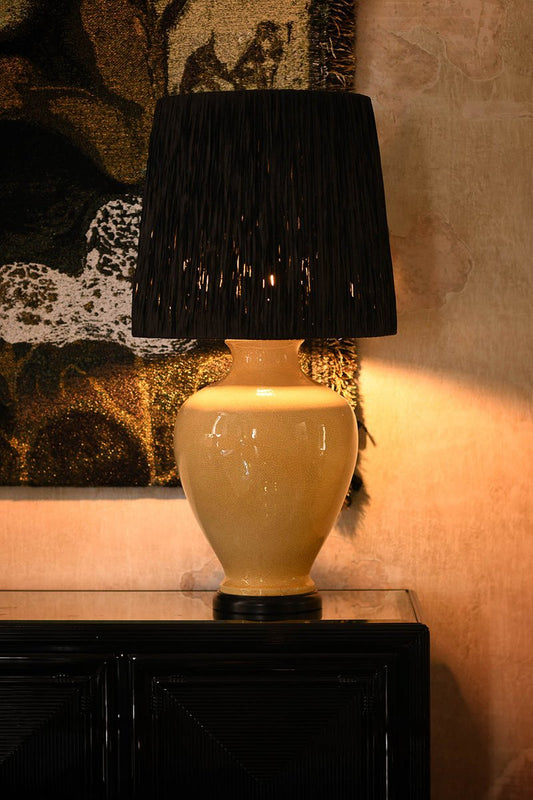 Large Crackle Ceramic Table Lamp with Wooden Base and Raffia Lampshade, 1980s