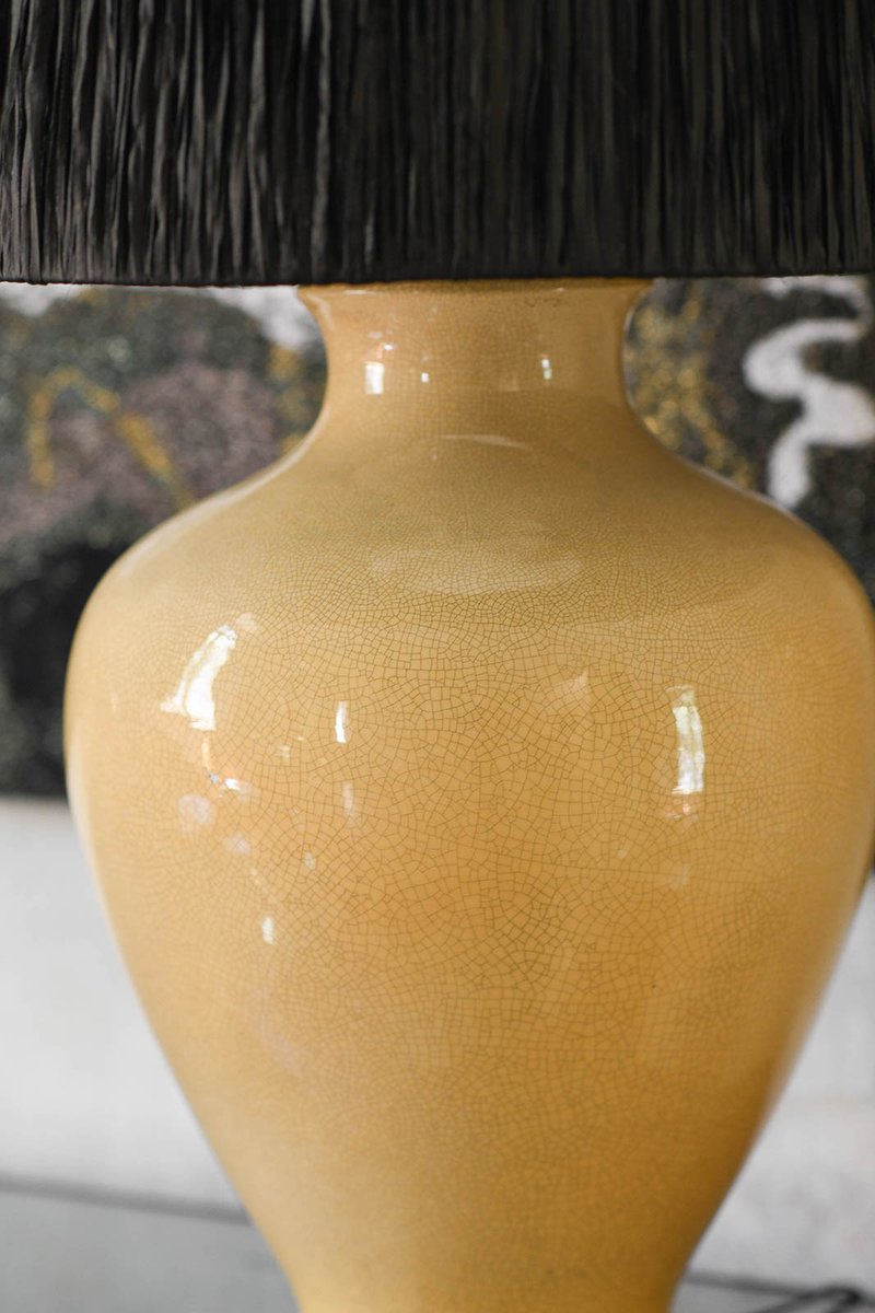 Large Crackle Ceramic Table Lamp with Wooden Base and Raffia Lampshade, 1980s