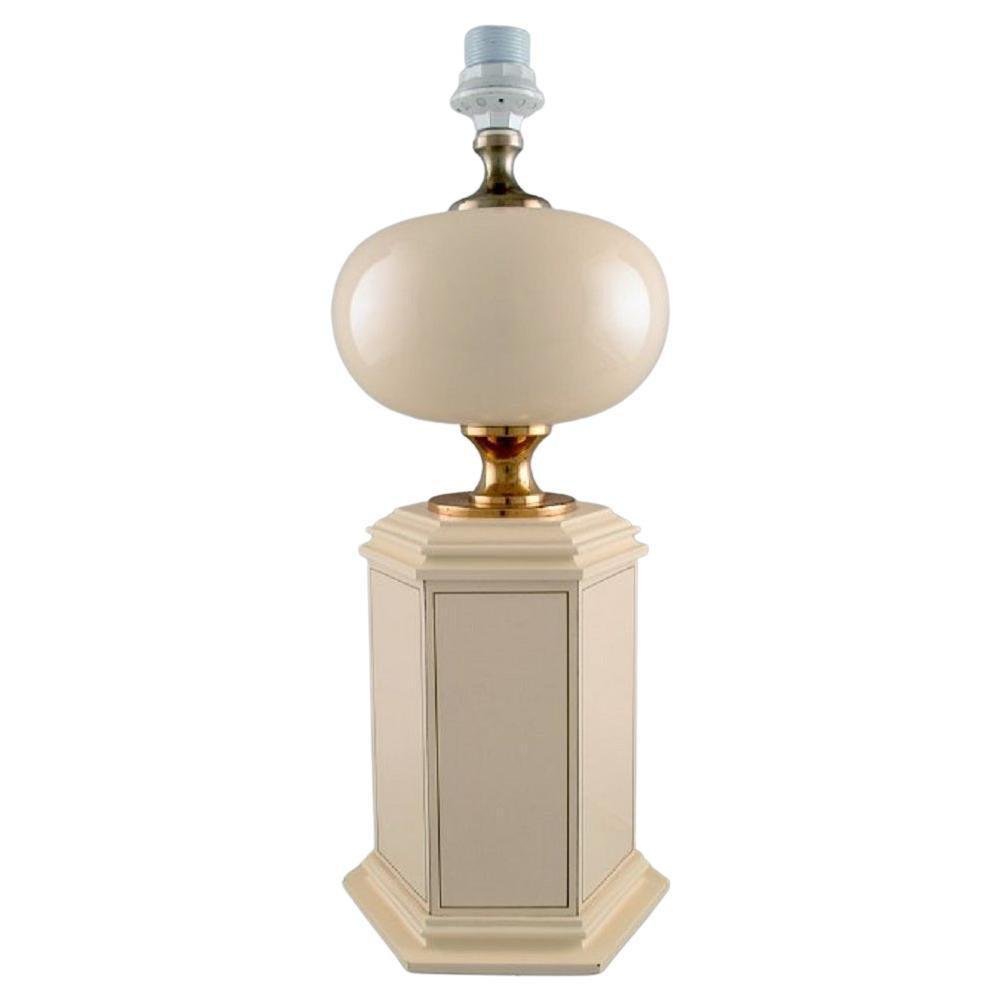 Large Cream Lacquered Metal & Brass Table Lamp from Le Dauphin, France, 1970s