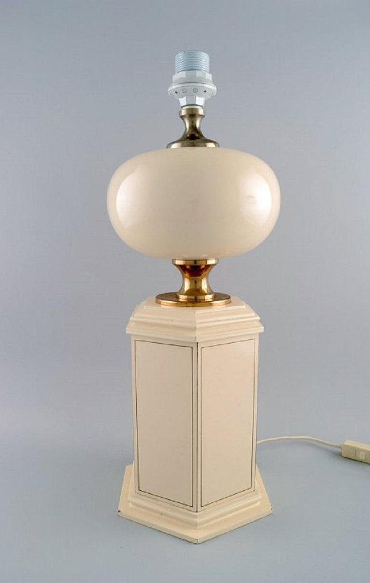 Large Cream Lacquered Metal & Brass Table Lamp from Le Dauphin, France, 1970s